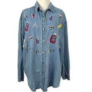 Women Teacher Denim Button Up Top Long Sleeve Artsy School Blue Pre-K Size XL